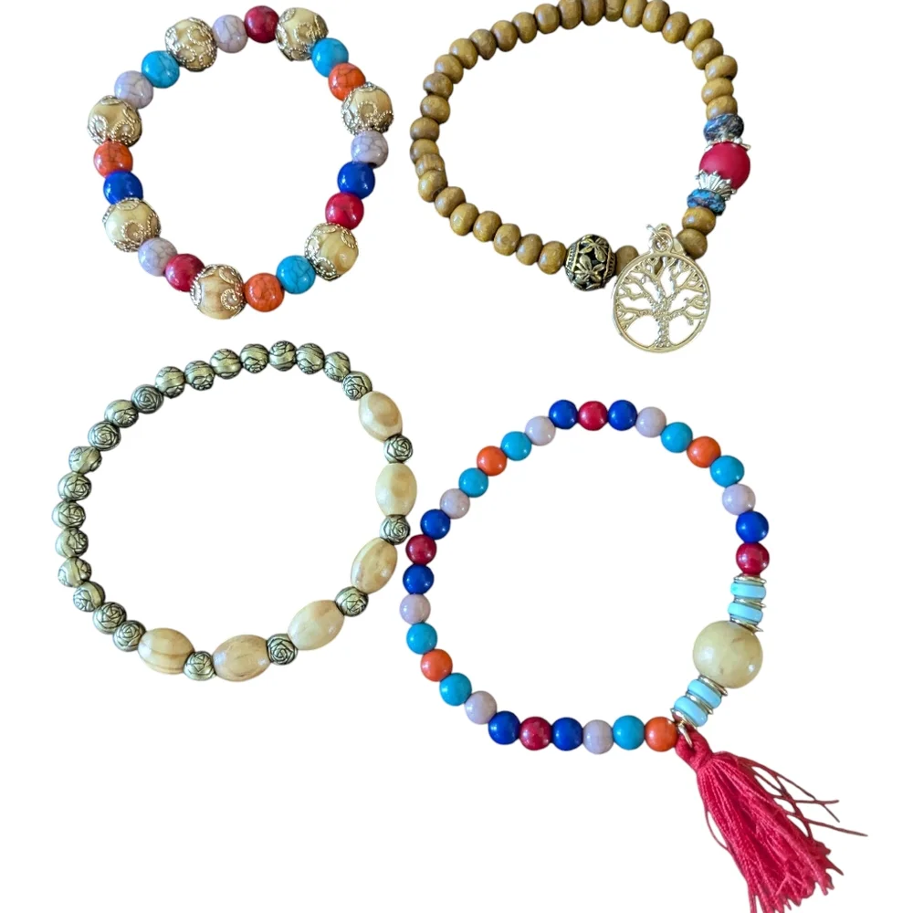 New Colorful Beaded Bracelet Set with Tree Charm And Tassell Earrings